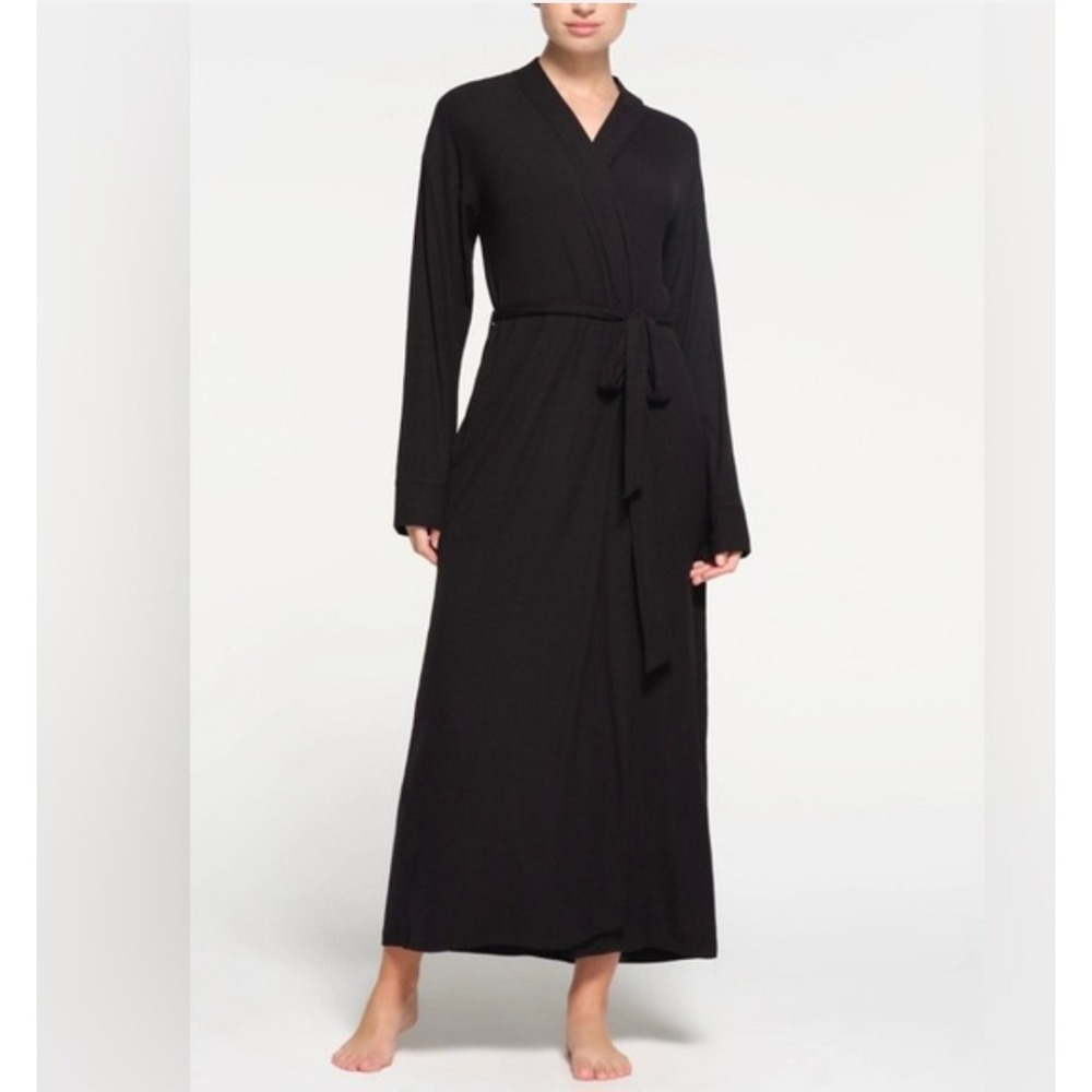 Skims Soft Lounge Long Robe Onyx Black Ribbed Modal Knit Maxi Tie Waist Large